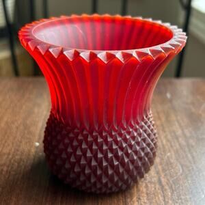 Vintage Faroy Red Glass Diamond Point Votive Candle Holder glows